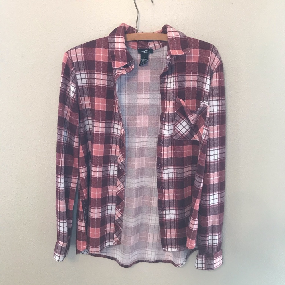 Rue 21 Red And Pink Plaid Button Up Size Small